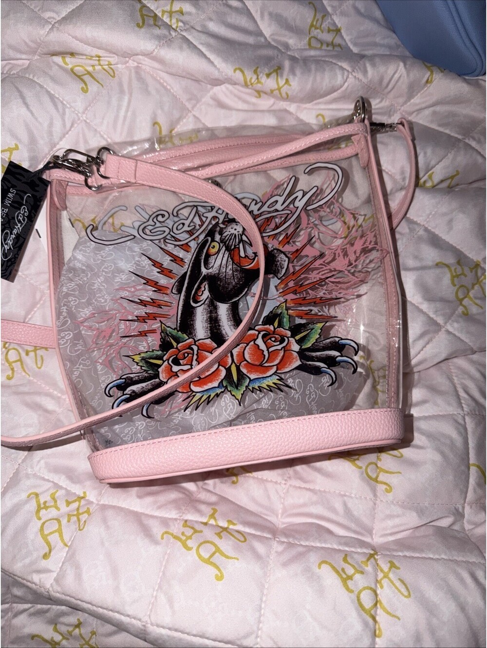 Ed Hardy Clear PVC Bucket Bag Panther Roses NWT